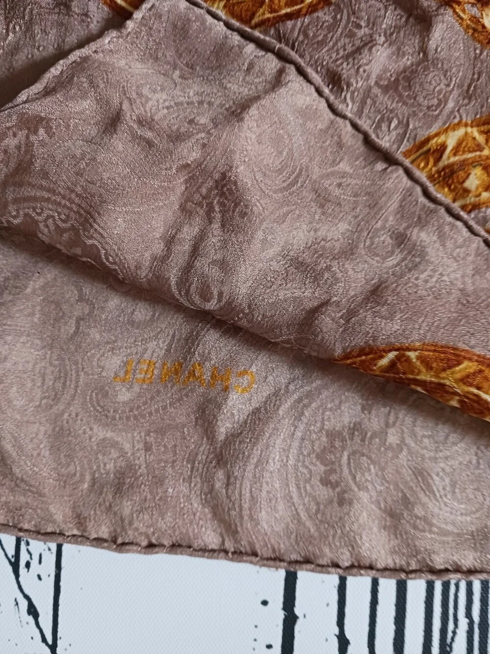 CHANEL Vintage  Beige Scarf with Gold Chain Medallion Motif  34